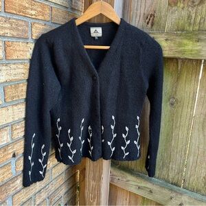 Alpaca International Black Cardigan with White Leaf Design 100% Alpaca